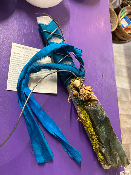 Adorned Selenite Wand by The Coveted Stone