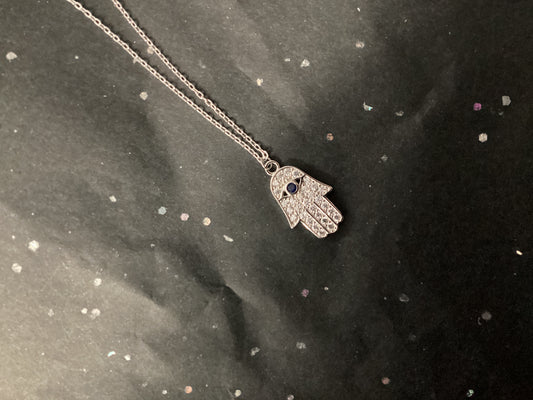 Sterling Silver and Rhinestone Fatima Evil Eye Necklace