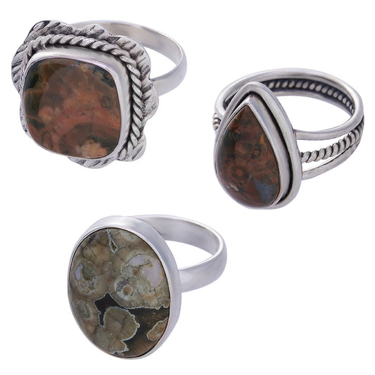 Rainforest Jasper Ring Assorted Shapes 15-26mm Sterling Silver
