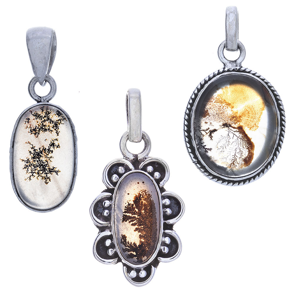 Dendrite Agate Oval Pendant 24-33mm Sterling Silver