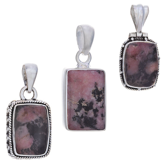 Rhodonite Rectangular Pendant 24-36mm Sterling Silver