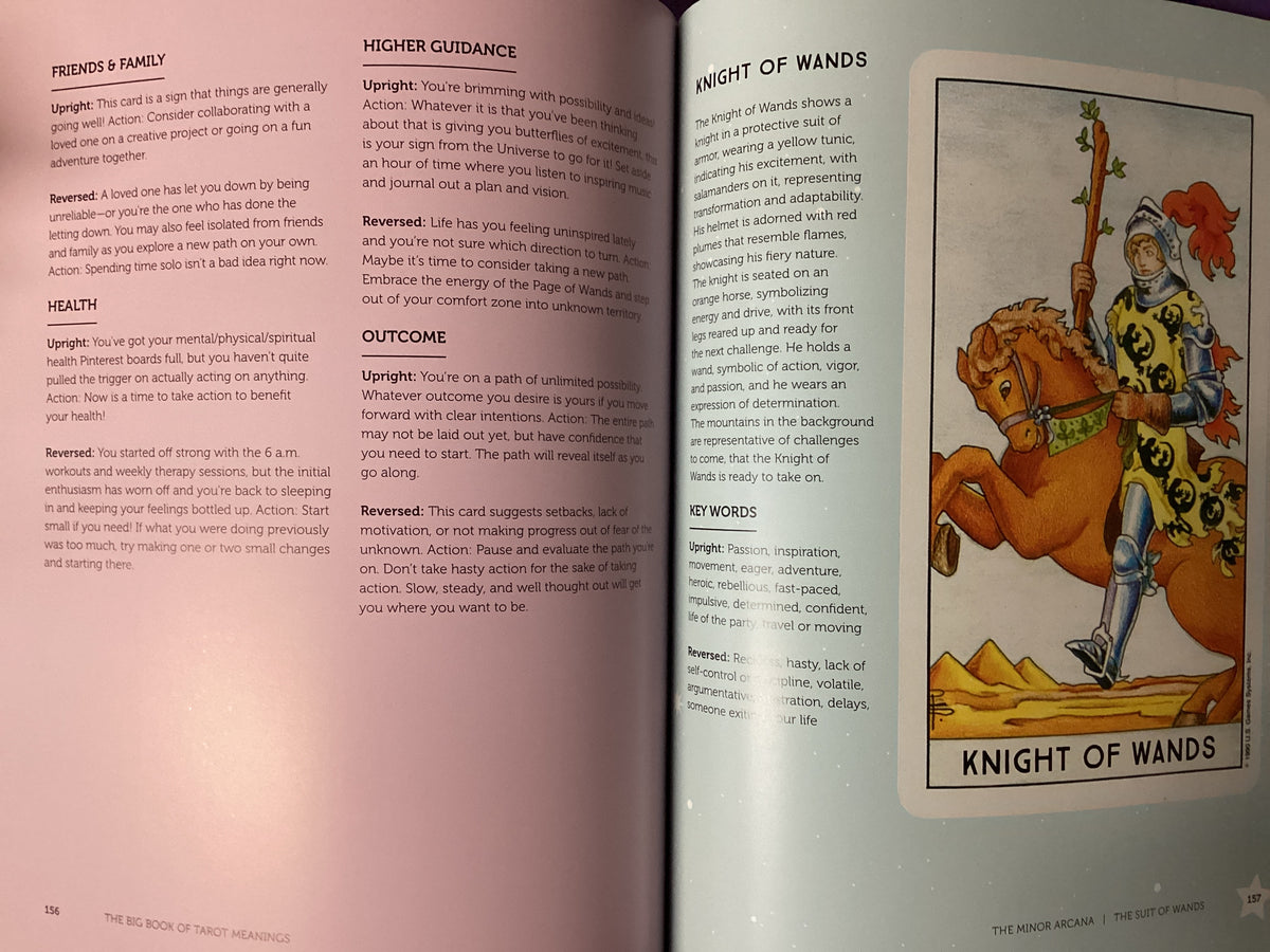 An open book spread showing printed text columns on the left page and a fantasy illustration labeled 'Knight of Wands' on the right page.
