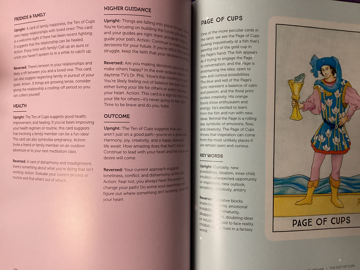 An open book showing printed pages with text and a colorful illustration titled 'PAGE OF CUPS' on the right page. The left page contains paragraphs of text under headings like 'FRIENDS & FAMILY,' 'HIGHER GUIDANCE,' 'OUTCOME,' and 'KEY WORDS.