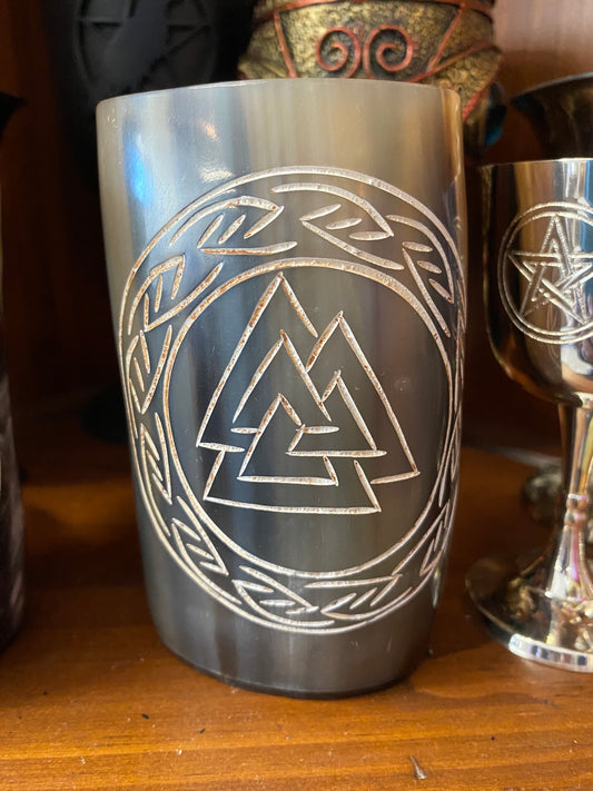 4" Norse Valknut buffalo horn mug