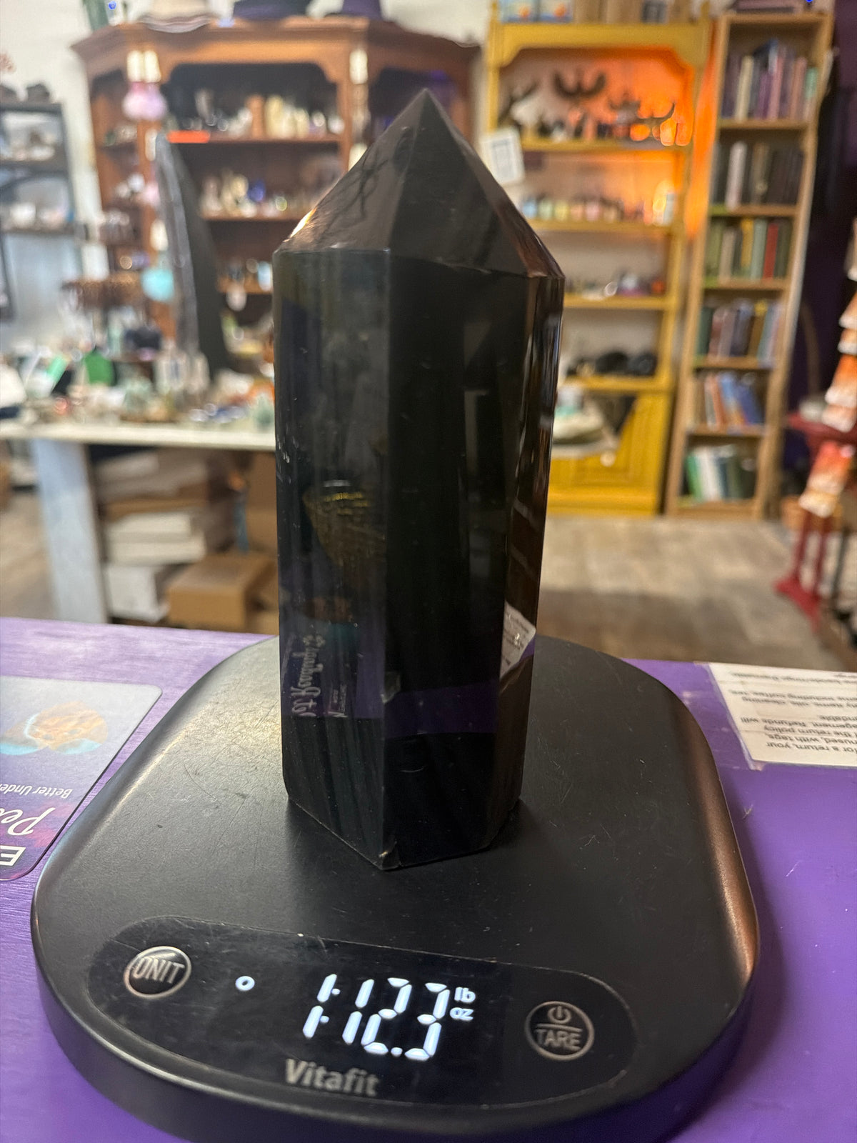 Large Black Obsidian w/silver stripes rainbow obelisk tower