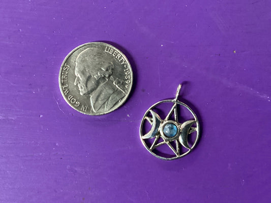 Triple Goddess Pentagram Moonstone sterling 11/16"