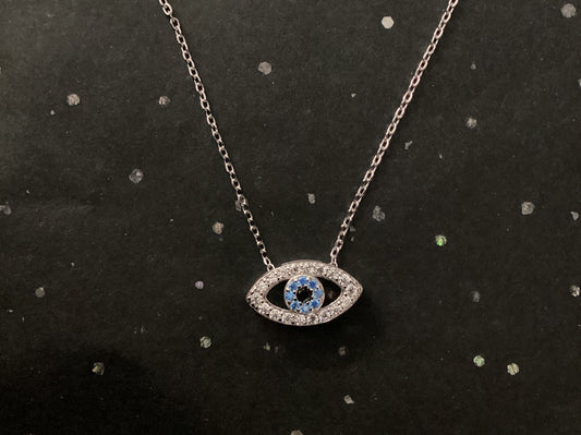 Sterling Silver and Rhinestone large Evil Eye Necklace
