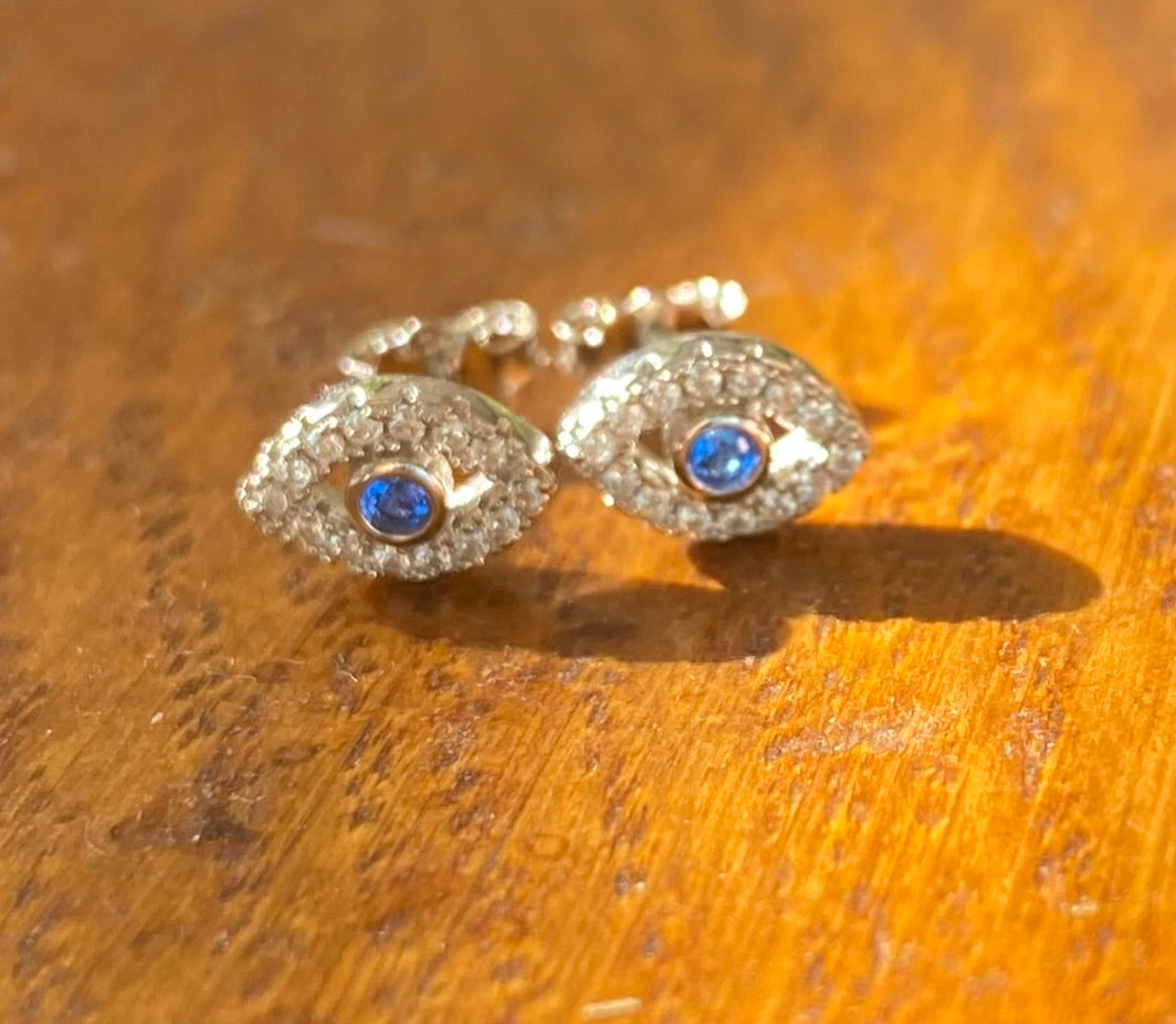 Sterling Silver Evil Eye Rhinestone Sterling Silver Stud Earrings