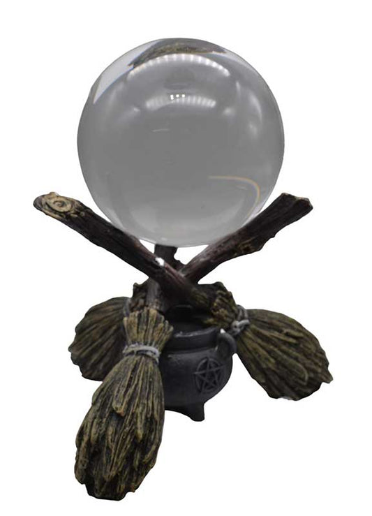 100mm Clear Gazing Ball with Cauldron & Broomstick Stand