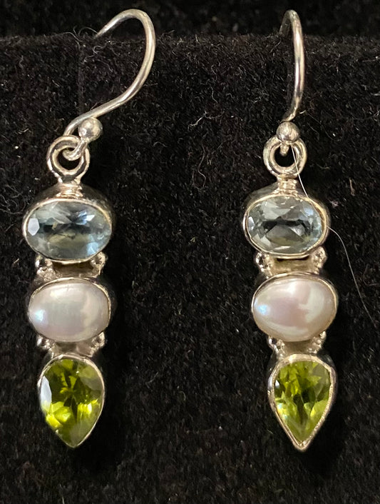 Topaz, Peridot, and Freshwater pearl earrings