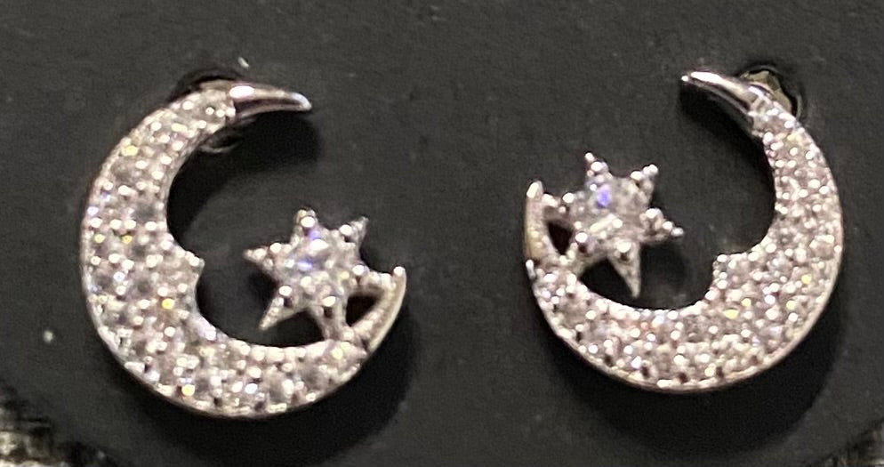 Sterling Silver Moon & Star Rhinestone Stud Earrings