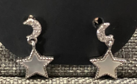Sterling Silver Moon & Star Dangle Shell & Rhinestone Stud Earrings