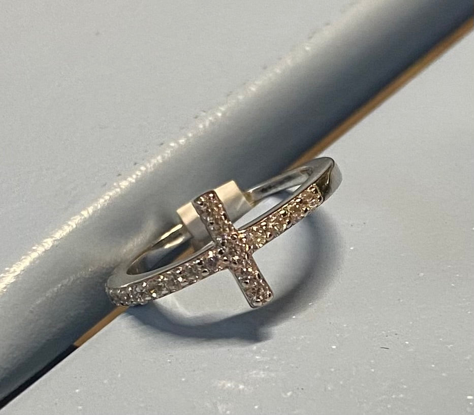 Sterling Silver Cross Rhinestone Ring Small Size Cross Sz 6