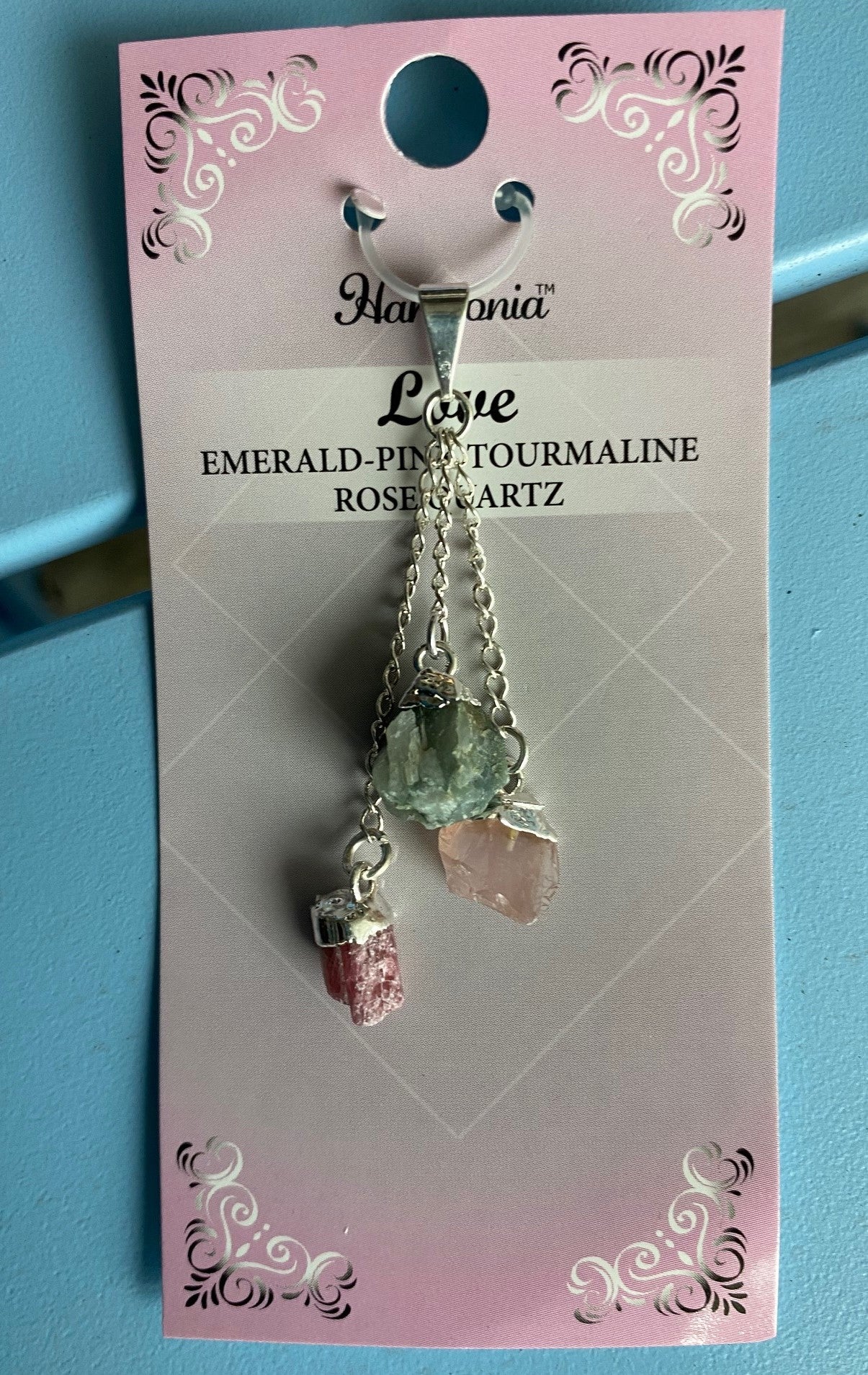 Emerald, Pink Tourmaline, Rose Quartz Love Gemstone Pendant