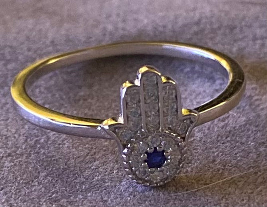 Sterling Silver Fatima Evil Eye Rhinestone Ring