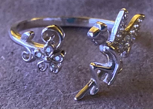 Sterling Silver Fairy Rhinestone Ring Adjustable sz 7/8