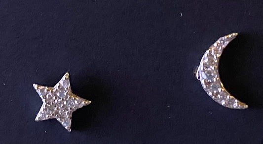 Sterling Silver Star and Moon Rhinestone Stud Earrings