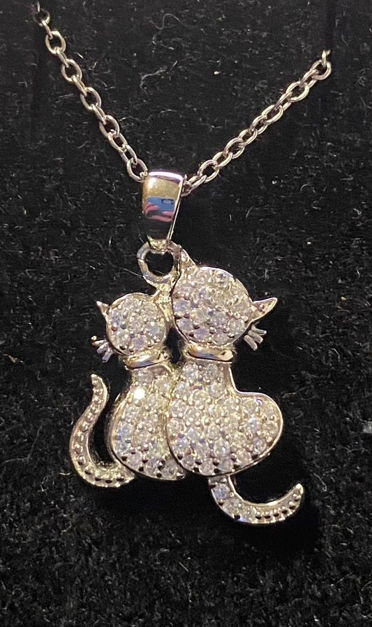 Cat Rhinestone Sterling Silver Necklace