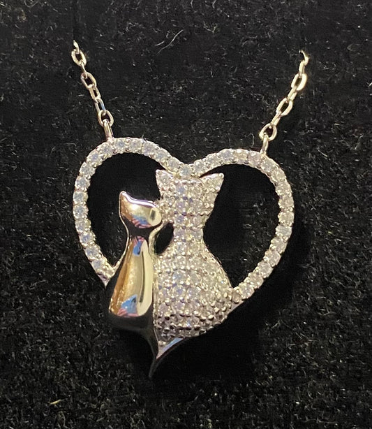 Cat Heart Rhinestone Sterling Silver Necklace