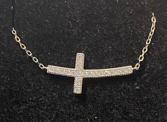 Sideways Cross Rhinestone Sterling Silver Necklace