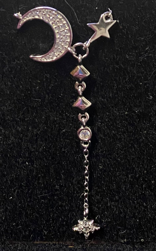 Crescent Moon & Stars Rhinestone Sterling Silver Necklace