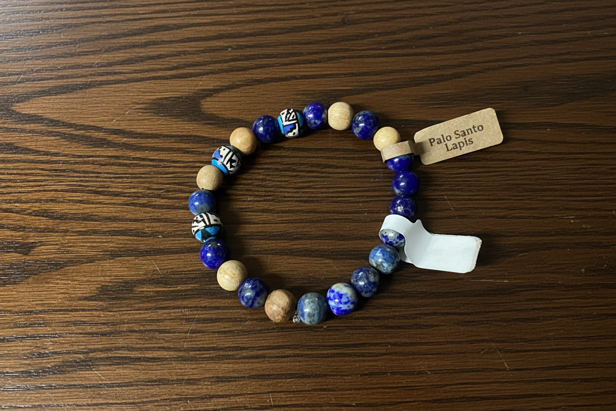 Lapis and Palo Santo beaded bracelet.