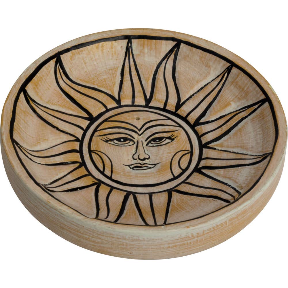 Wood Round Incense Holder White Washed - Celestial Sun