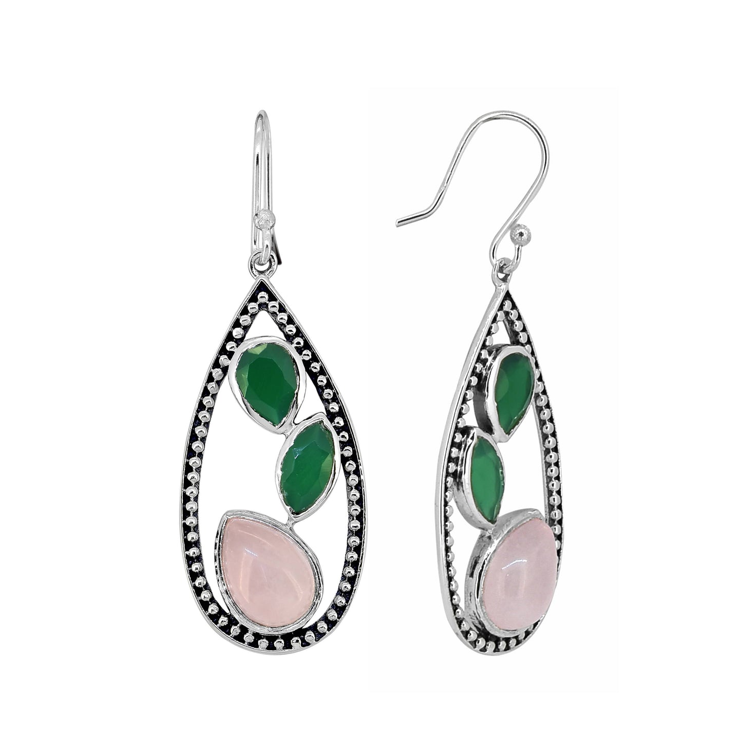 925 Sterling Silver Rose Quartz Green Onyx Gemstone  Earring