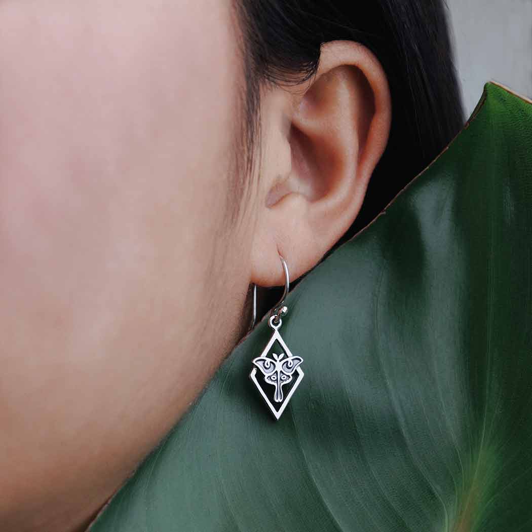 Sterling Silver Geometric Luna Moth Dangle Earrings 32x11mm