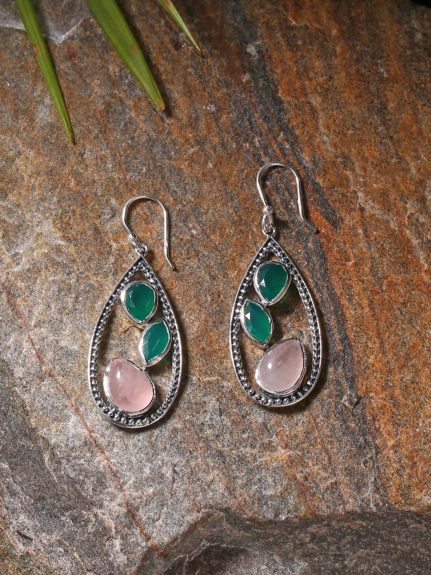 925 Sterling Silver Rose Quartz Green Onyx Gemstone  Earring