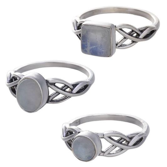 Rainbow Moonstone Cabochon Trisquele Ring 8-12mm H