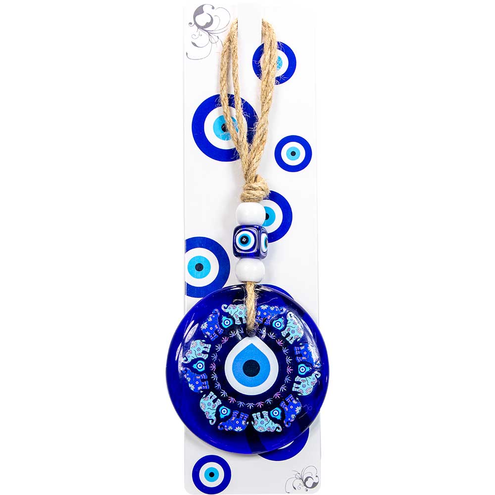 Glass Evil Eye Wall Hanging Talisman Circle of  Elephants