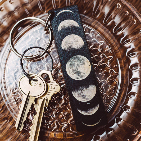 Moon Phases Full Color Wooden Keychain - Zipper Pull