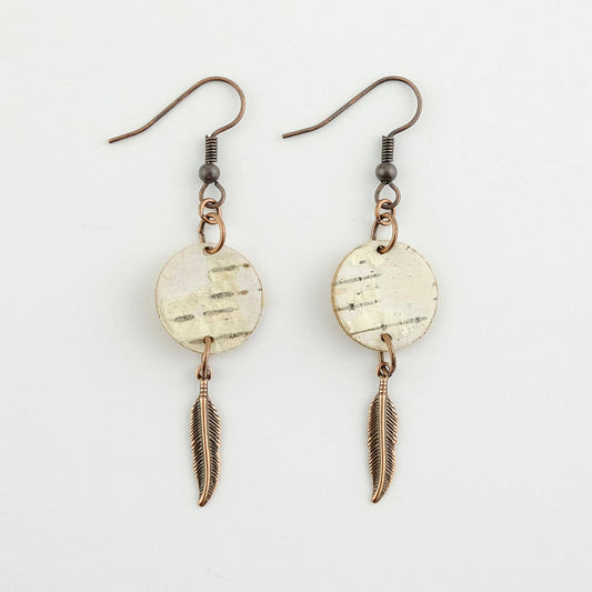 Birch Bark Earrings with Metal Feather